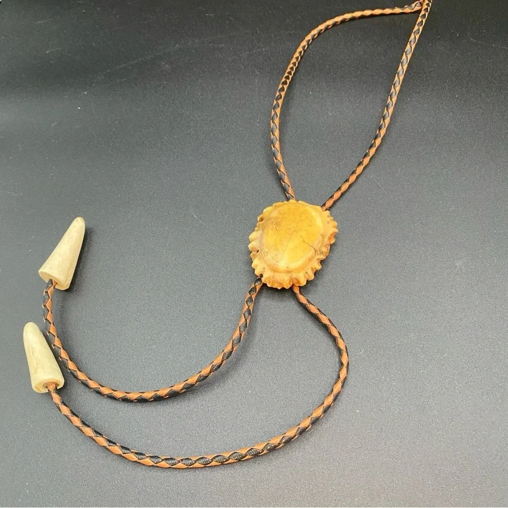 Vintage Bolo Neck Tie with Braided Leather Cord and Carved Horn